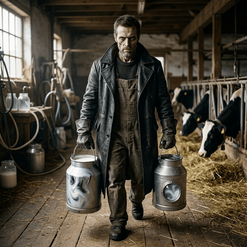 Cow with human body wearing farmer clothes carrying two metal milk cans